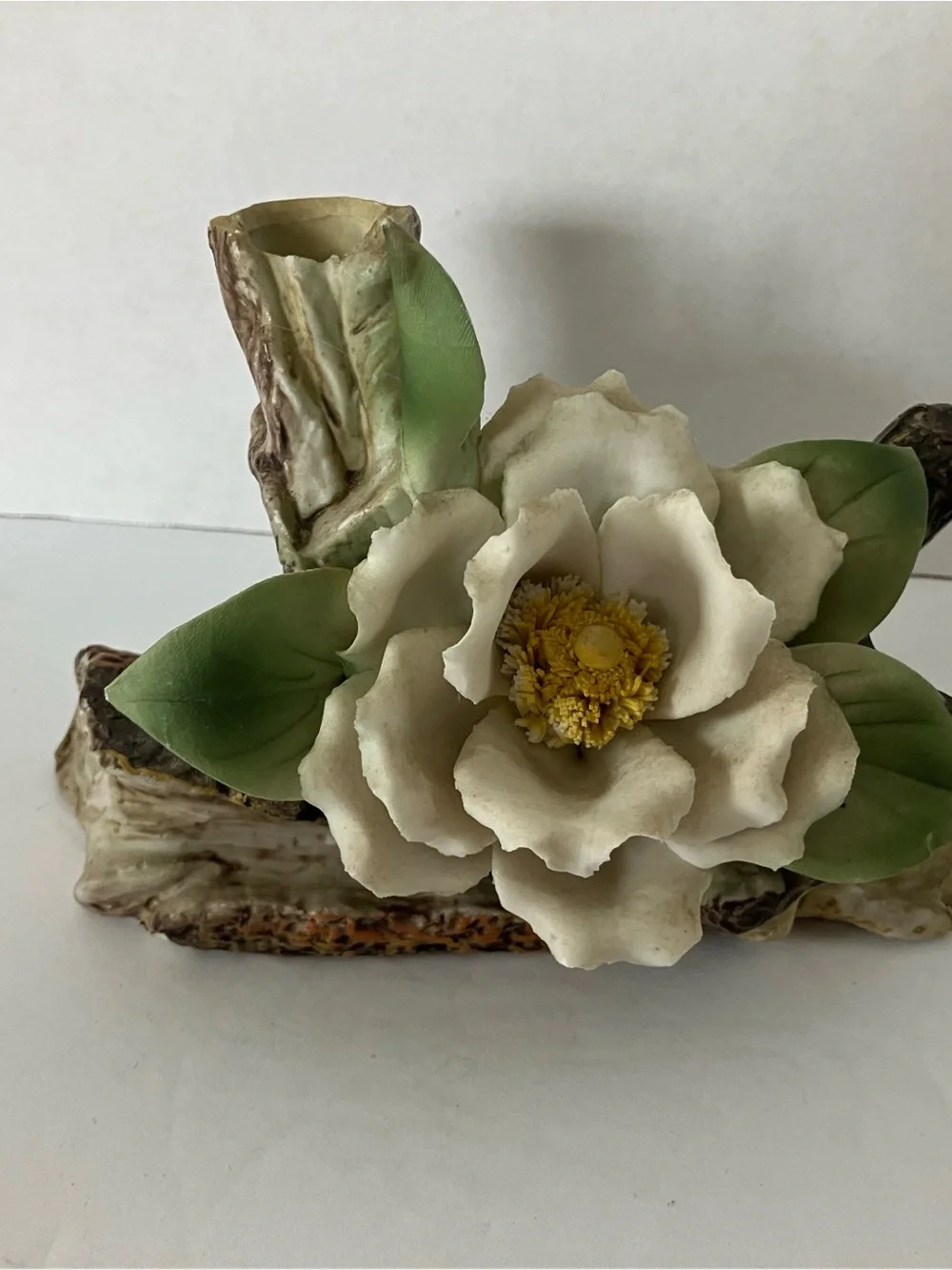 Porcelain White Flower Accent Vase with Green Leaves